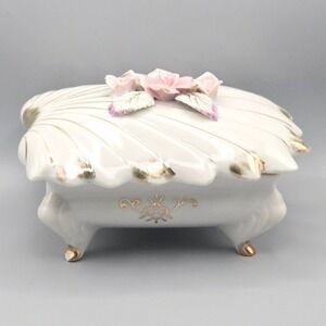 Vintage 1960s Porcelain Trinket Box Shell Hand Painted Rose Design Made in Japan